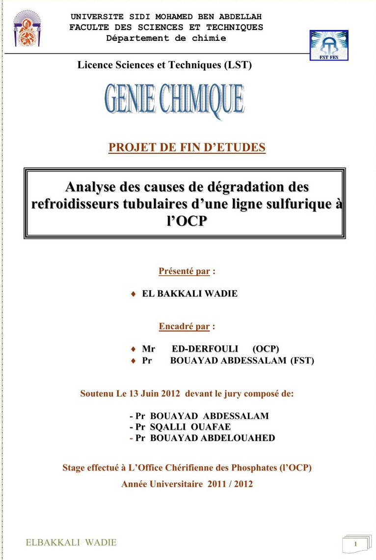 Analyse des causes de dégradation des refroidisseurs tubulaires d’une ligne sulfurique à l’OCP