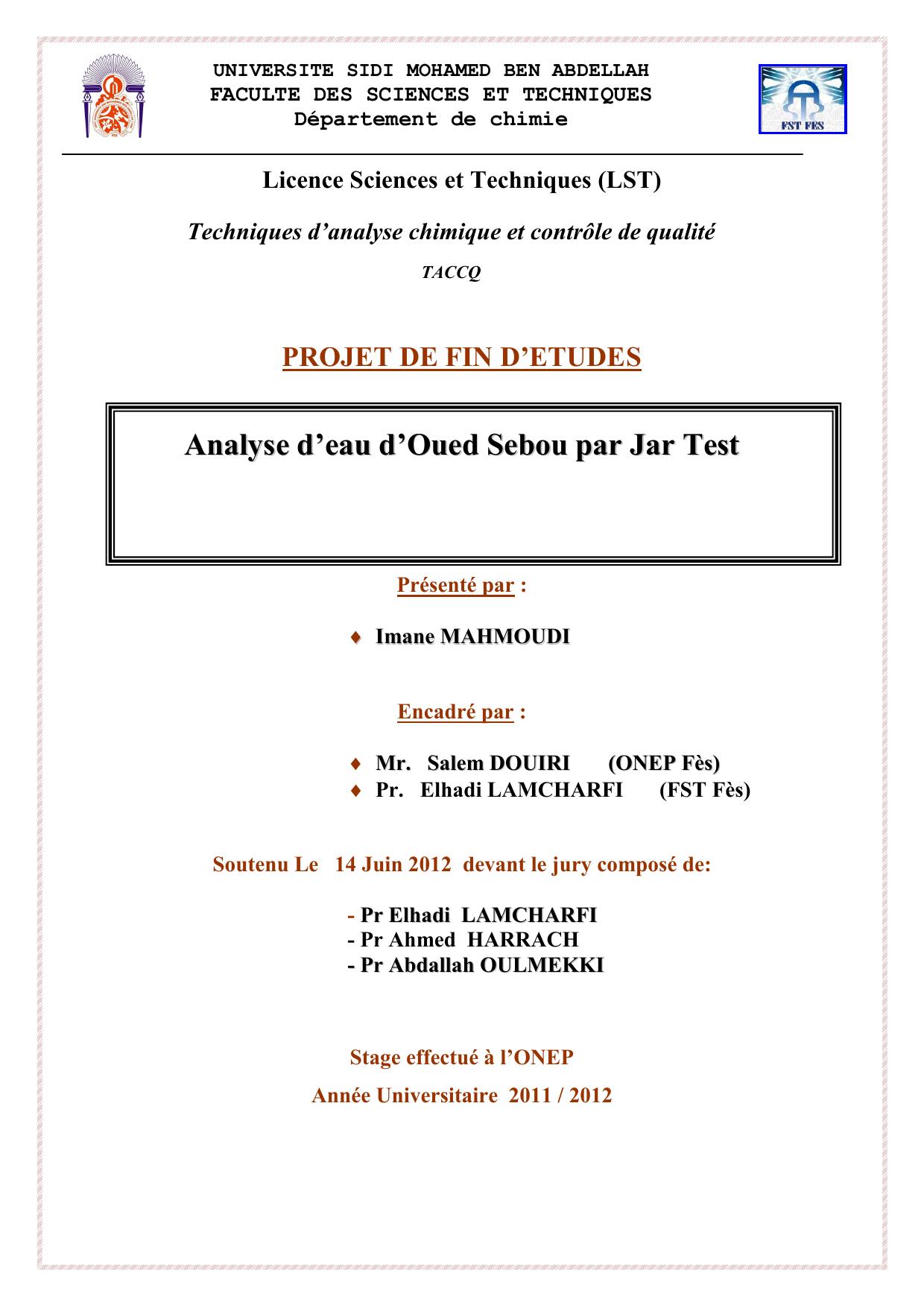 Analyse d’eau d’Oued Sebou par Jar Test