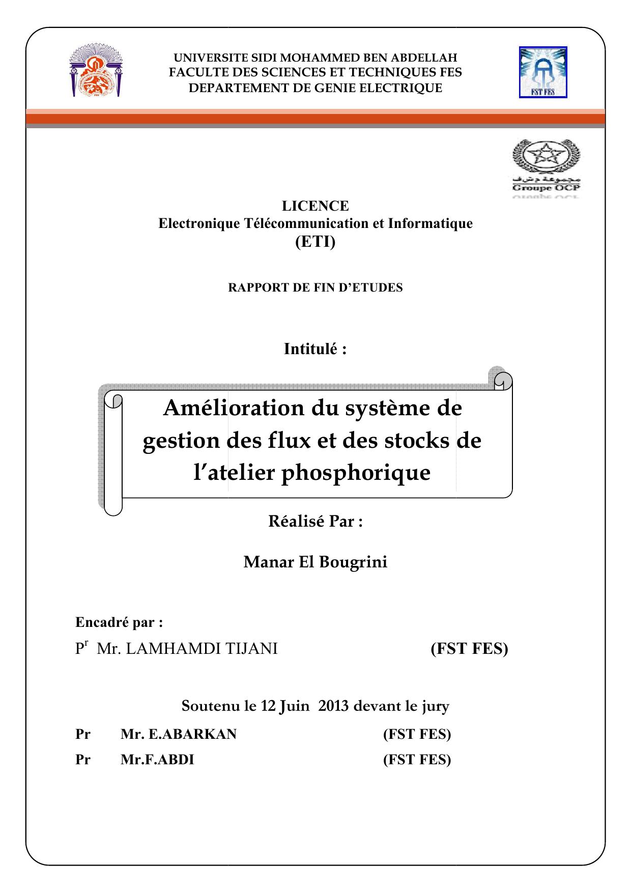 Amélioration du système de gestion des flux et des stocks de l’atelier phosphorique