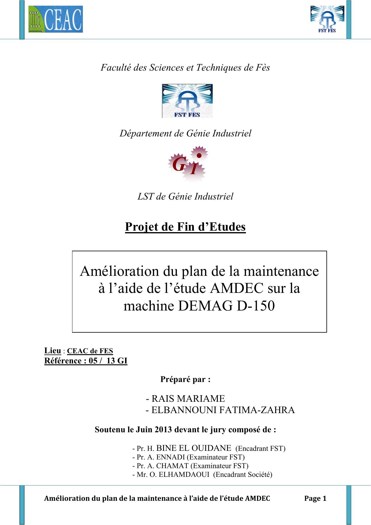 Amélioration du plan de la maintenance à l’aide de l’étude AMDEC sur la machine DEMAG D-150