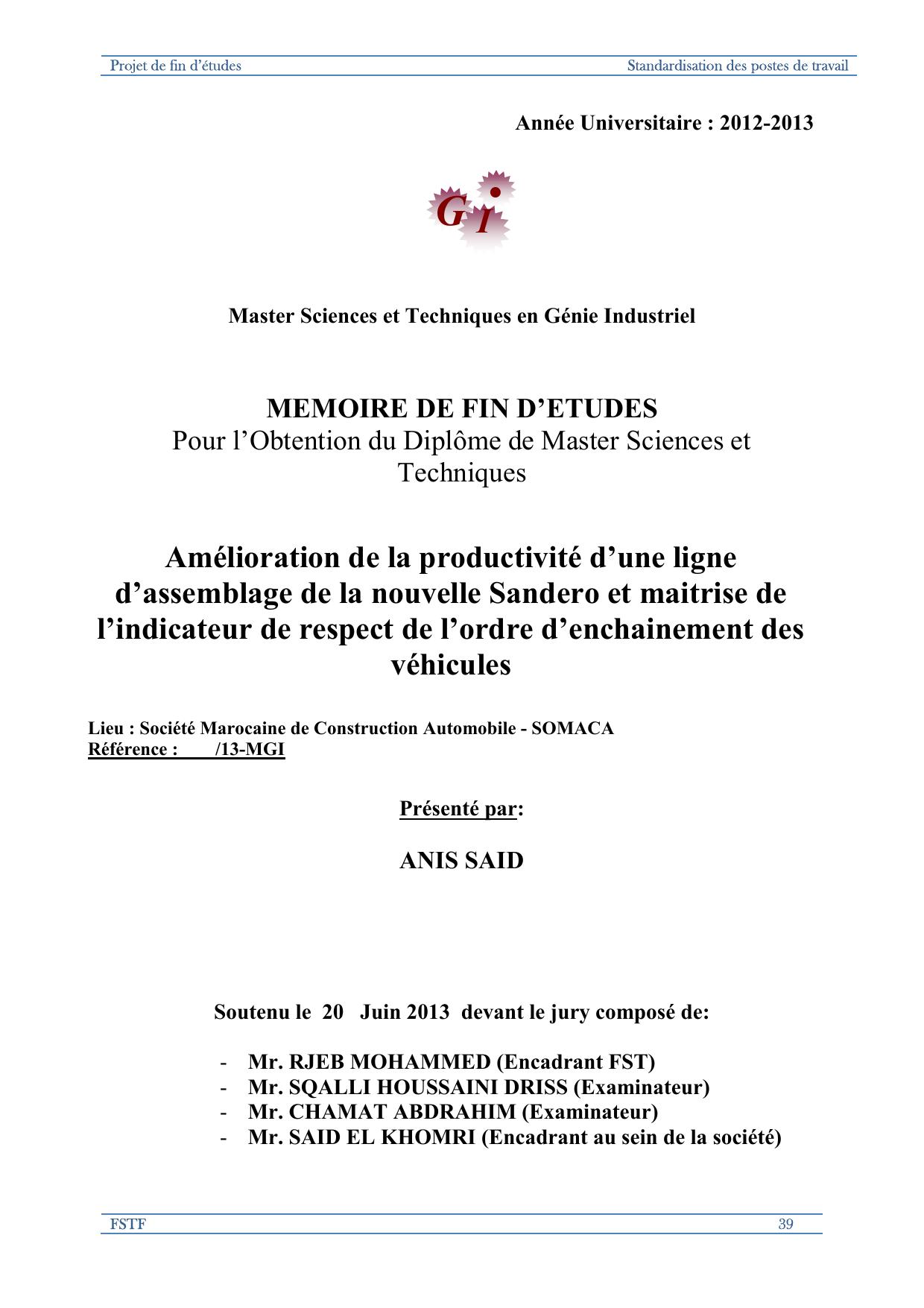 Amélioration de la productivité d’une ligne d’assemblage de la nouvelle Sandero et maitrise de l’indicateur de respect de l’ordre d’enchainement des véhicules